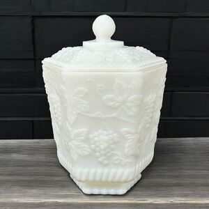 Vintage Anchor Hocking Fire King Milk Glass Grape Leaf Hexagon Canister Jar